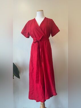 Classic Red MANTAIKOTAI Wrap Midi Linen Dress with Tie Waist & Pockets
